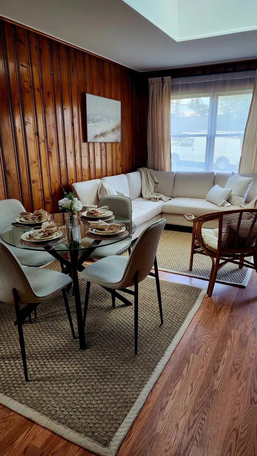 The living and dining room, with knotty pine walls and a sectional sofa