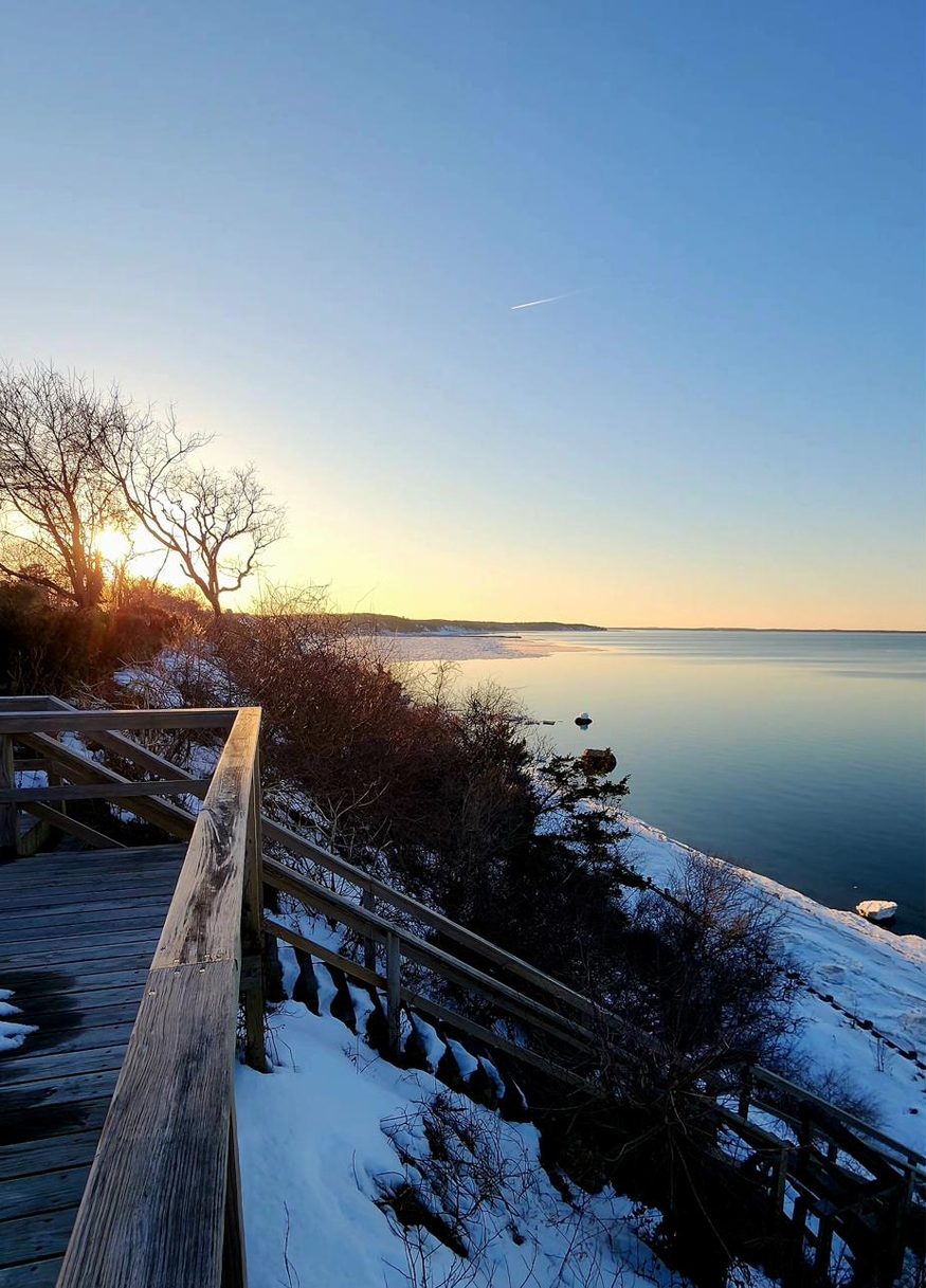 Snow-covered stairs to the beach with winter sun through bare trees