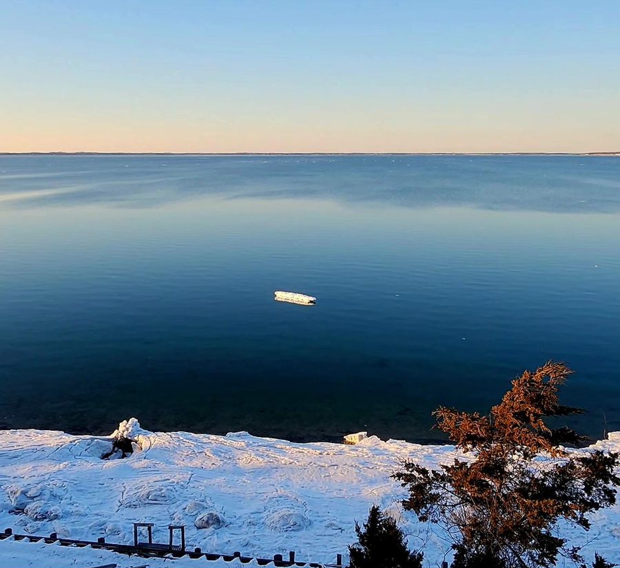 An ice floe drifting on the deep blue bay with a snowy shoreline